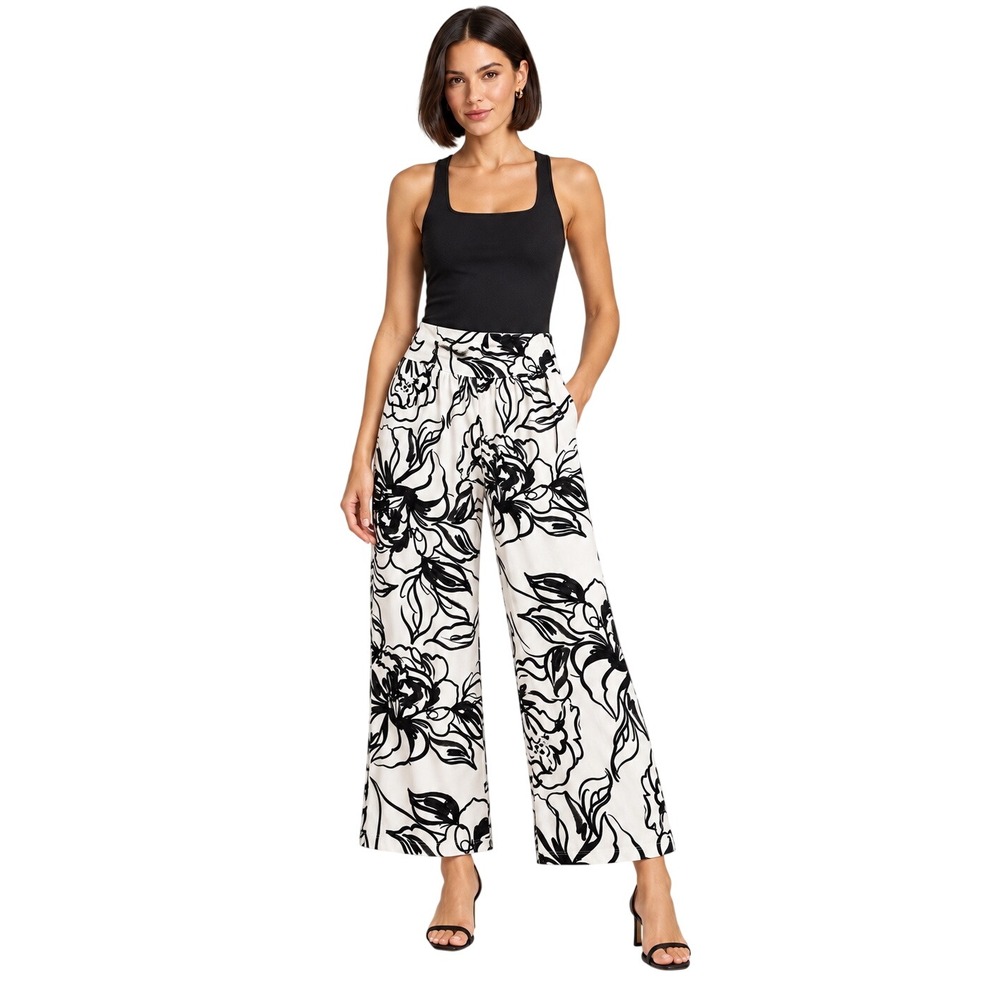 Mason Grey XS Black White Floral Wide Leg Palazzo Pants Statement